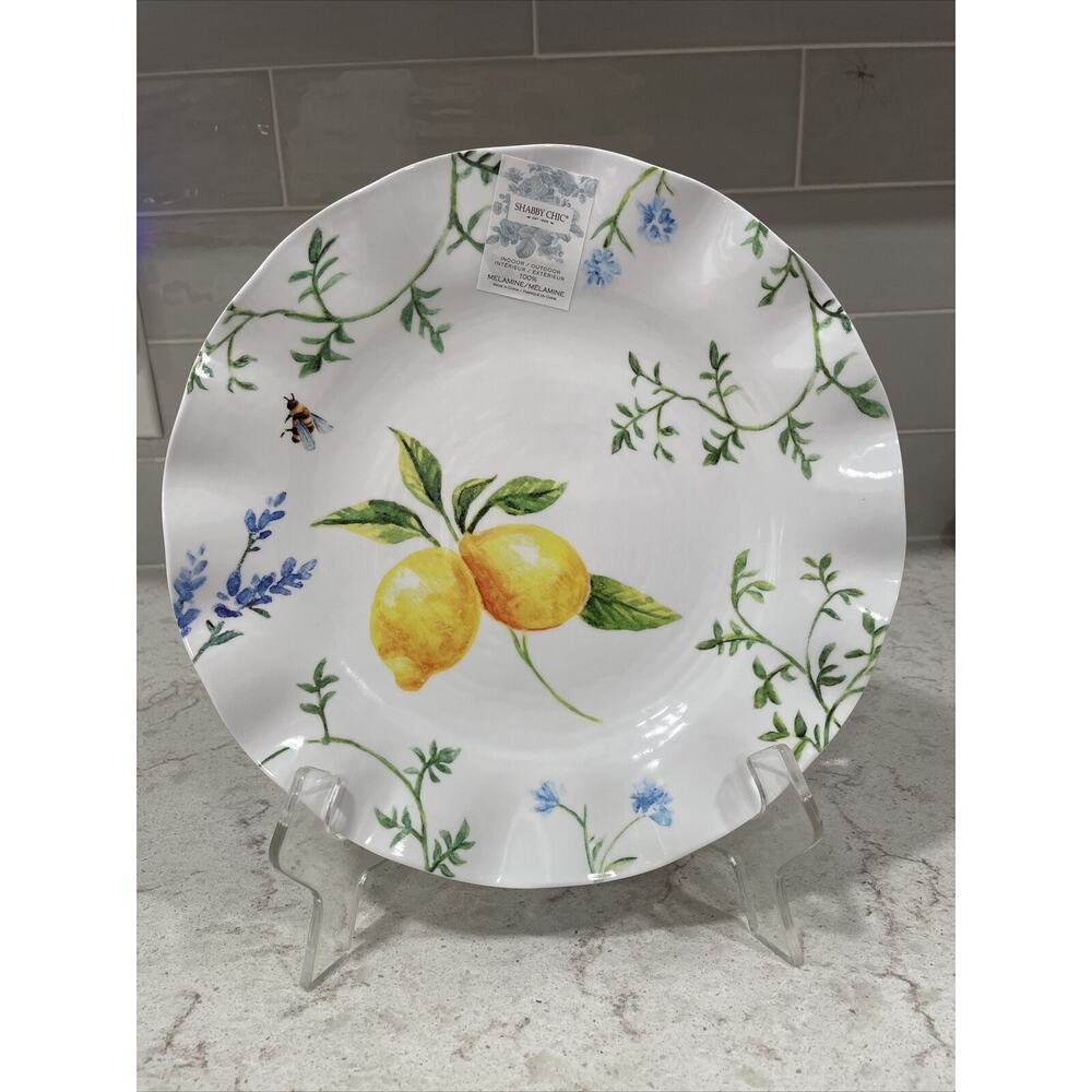 Set 4 LEMONS & BEE 11” Melamine Dinner Plates Shabby Chic Wavy Scalloped Floral